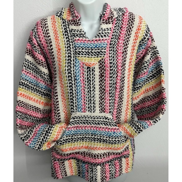 baja joe Tops - Baja Joe Mexican Blanket Hoodie Baja Pullover Striped Surf Skate Festival Boho M